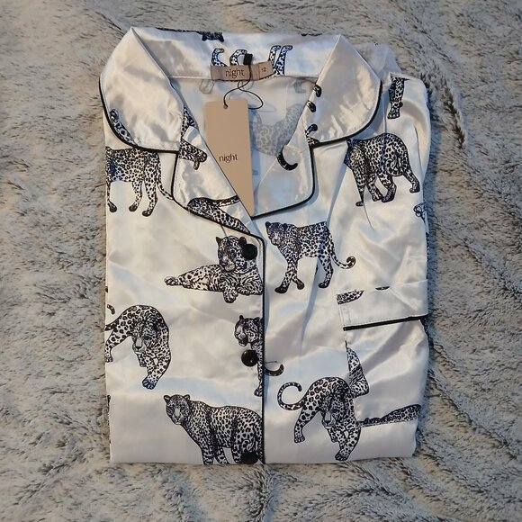 Night Other - Night Women,s White Satin  Black Leopard Print Pajama Set  UK SZ 12 / US SZ 8